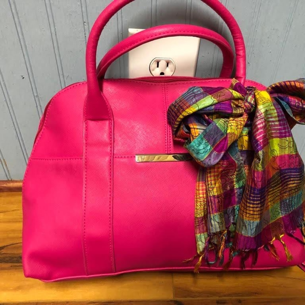 Pink Structured Satchel with Decorative Scarf